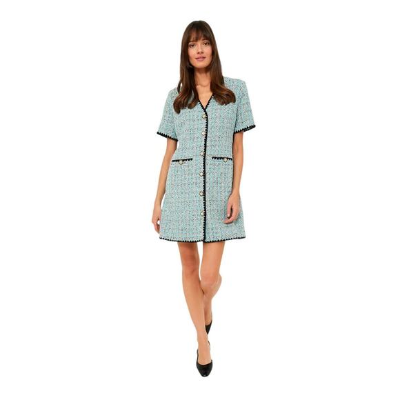 NWT LifeShe Tweed Jackie Button Up V Neck Short Sleeve Mini Dress Blue Lined L - Picture 1 of 14